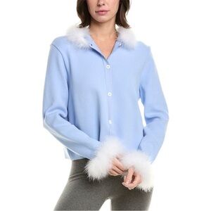 NWT Sleeper Kylie Hooded Cardigan Sweater Feather Trim Blue Size S/M